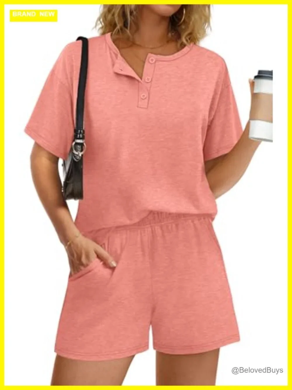 2 Piece Lounge Set Short Sleeve Button Down Top and Shorts with Pockets